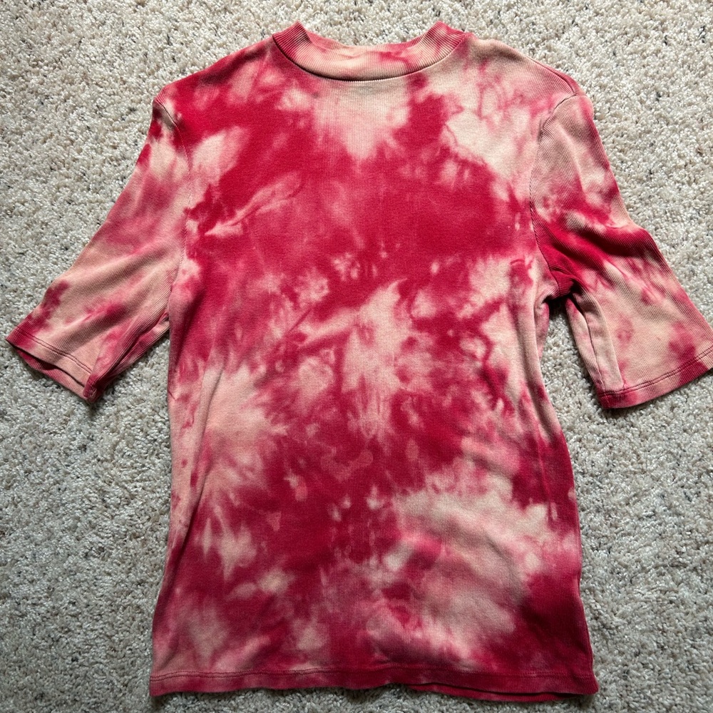 Upcycled Pink Ribbed Bleach Dyed Mock Neck Top size S
